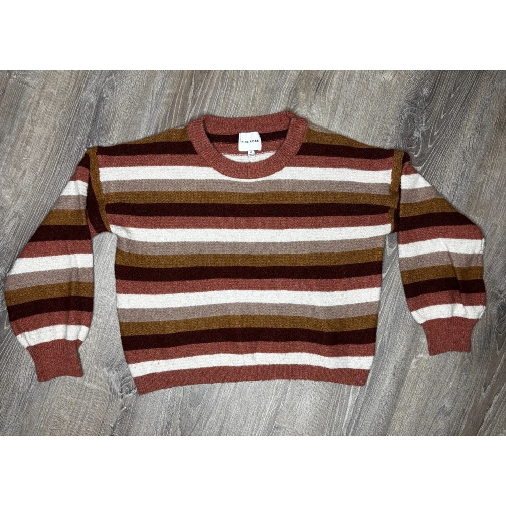 Pink Rose Women's Medium Striped‎ Crew Neck Knit Sweater Brown Cream Orange